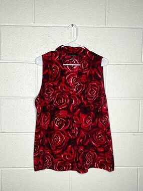 < White House Black Market Red Rose Pattern Sleeveless Top >